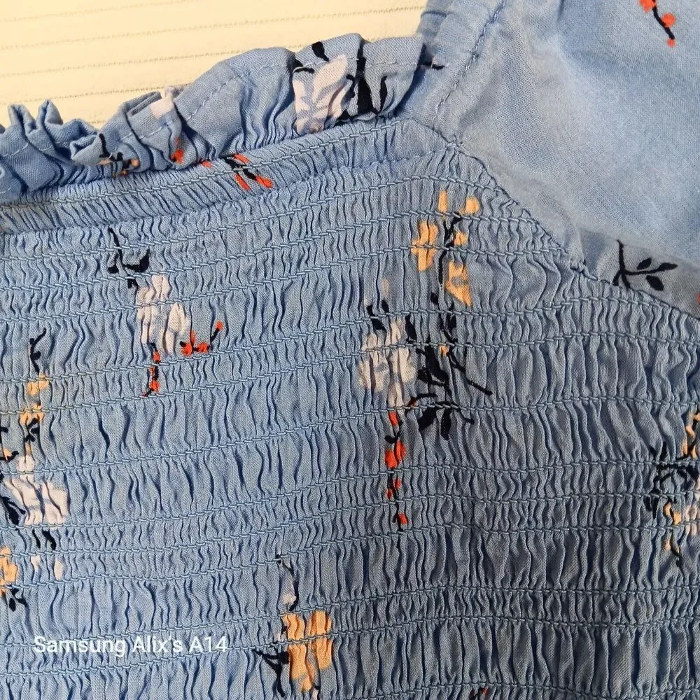 MADEWELL Top Womens S Floral Smocked‎ Cropped Puff Sleeve Cotton Blue